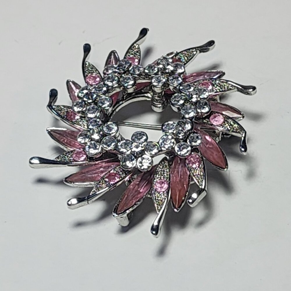 Vintage Pink & Clear Rhinestone Pinwheel Flower Brooch Pin